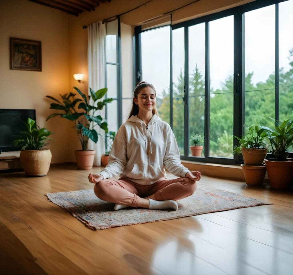 Vethathiri SKY Yoga meditation practice for mental clarity and stress relief in a serene indoor environment.