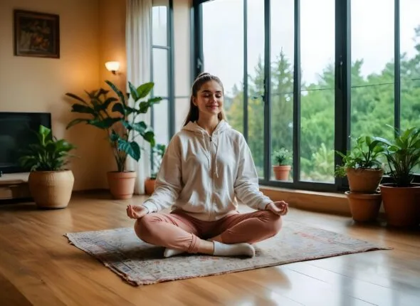 Vethathiri SKY Yoga meditation practice for mental clarity and stress relief in a serene indoor environment.
