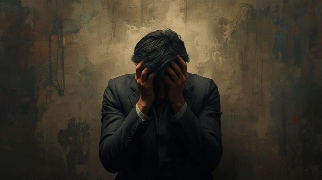 A solitary man, depicted in a somber, introspective mood, conveys deep emotional struggle and a sense of being overwhelmed by life's challenges. The artwork should evoke feelings of despair and uncertainty, with subtle visual cues suggesting an internal battle with depression and a lack of direction on how to cope.