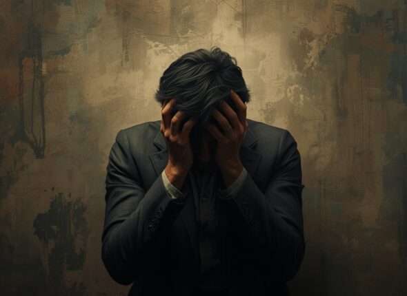 A solitary man, depicted in a somber, introspective mood, conveys deep emotional struggle and a sense of being overwhelmed by life's challenges. The artwork should evoke feelings of despair and uncertainty, with subtle visual cues suggesting an internal battle with depression and a lack of direction on how to cope.