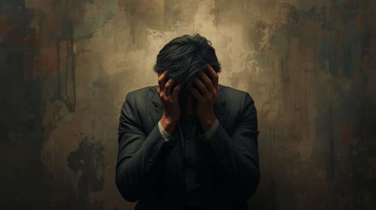 A solitary man, depicted in a somber, introspective mood, conveys deep emotional struggle and a sense of being overwhelmed by life's challenges. The artwork should evoke feelings of despair and uncertainty, with subtle visual cues suggesting an internal battle with depression and a lack of direction on how to cope.