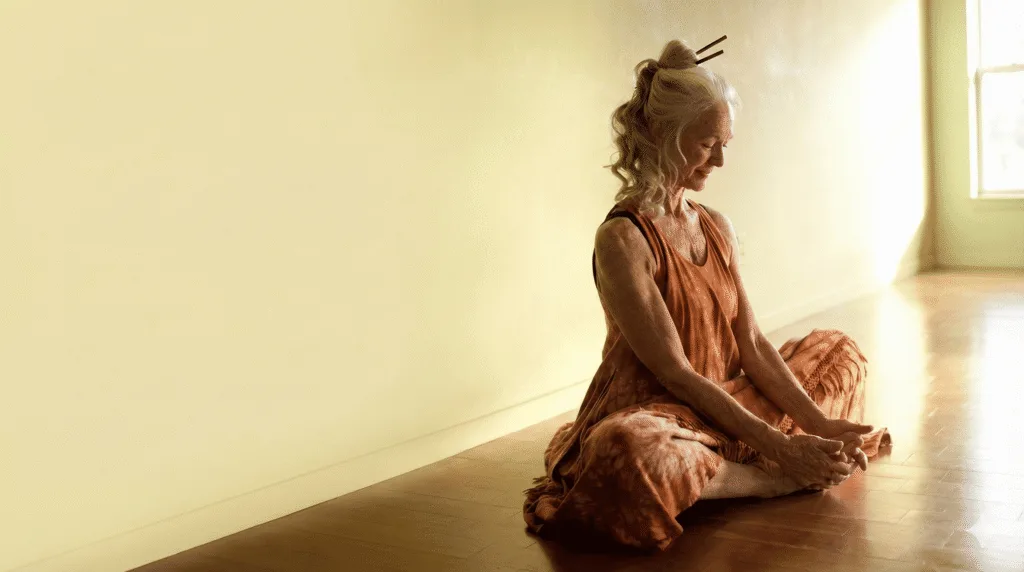 Elderly woman practicing gentle yoga indoors as part of an anti-aging wellness routine.”