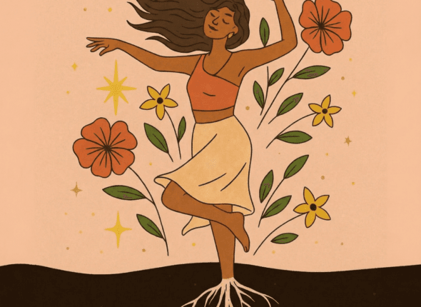 Woman dancing freely with roots beneath her, representing emotional healing, self-growth, and inner stability.