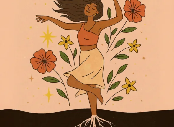 Woman dancing freely with roots beneath her, representing emotional healing, self-growth, and inner stability.