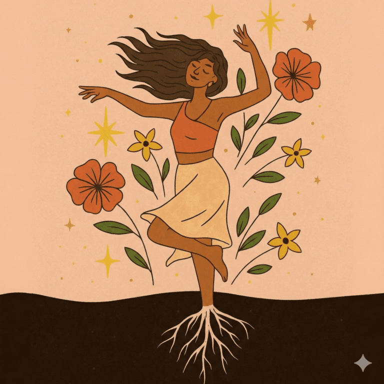 Woman dancing freely with roots beneath her, representing emotional healing, self-growth, and inner stability.