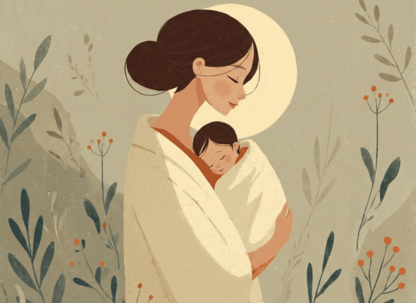 Illustration of a mother gently holding her newborn baby, symbolizing maternal care, emotional bonding, and natural nurturing.