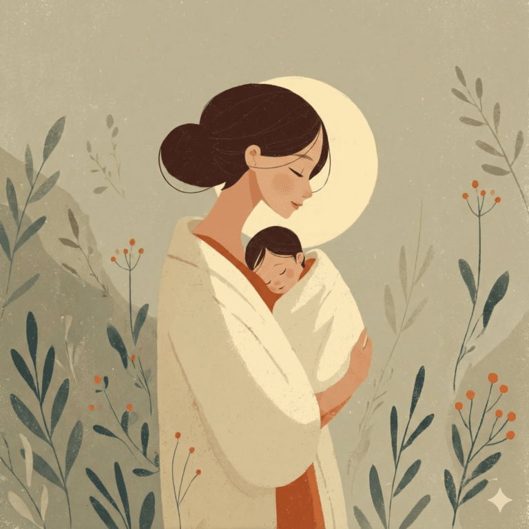 Illustration of a mother gently holding her newborn baby, symbolizing maternal care, emotional bonding, and natural nurturing.