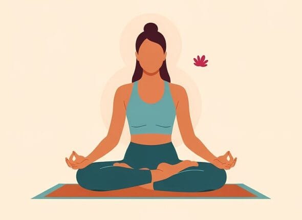 Woman meditating in lotus pose, representing stress relief, hormonal balance, and SKY Yoga wellness practice.