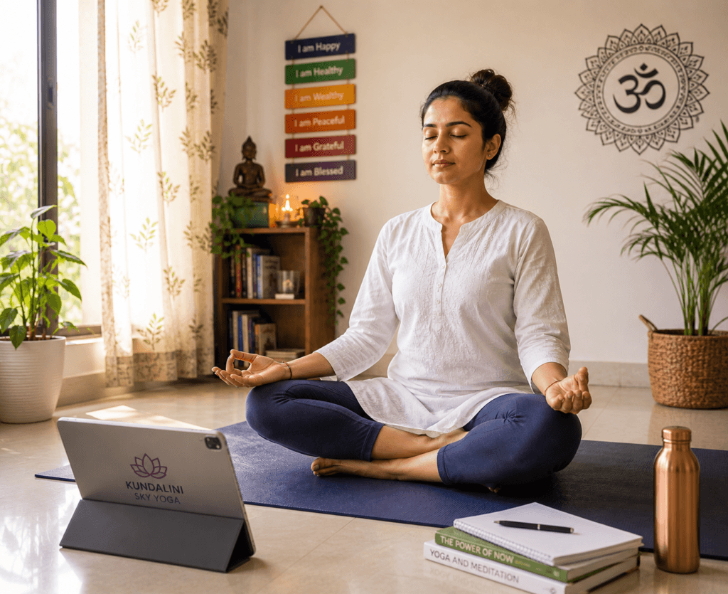 Person practicing online kundalini yoga course from home in India