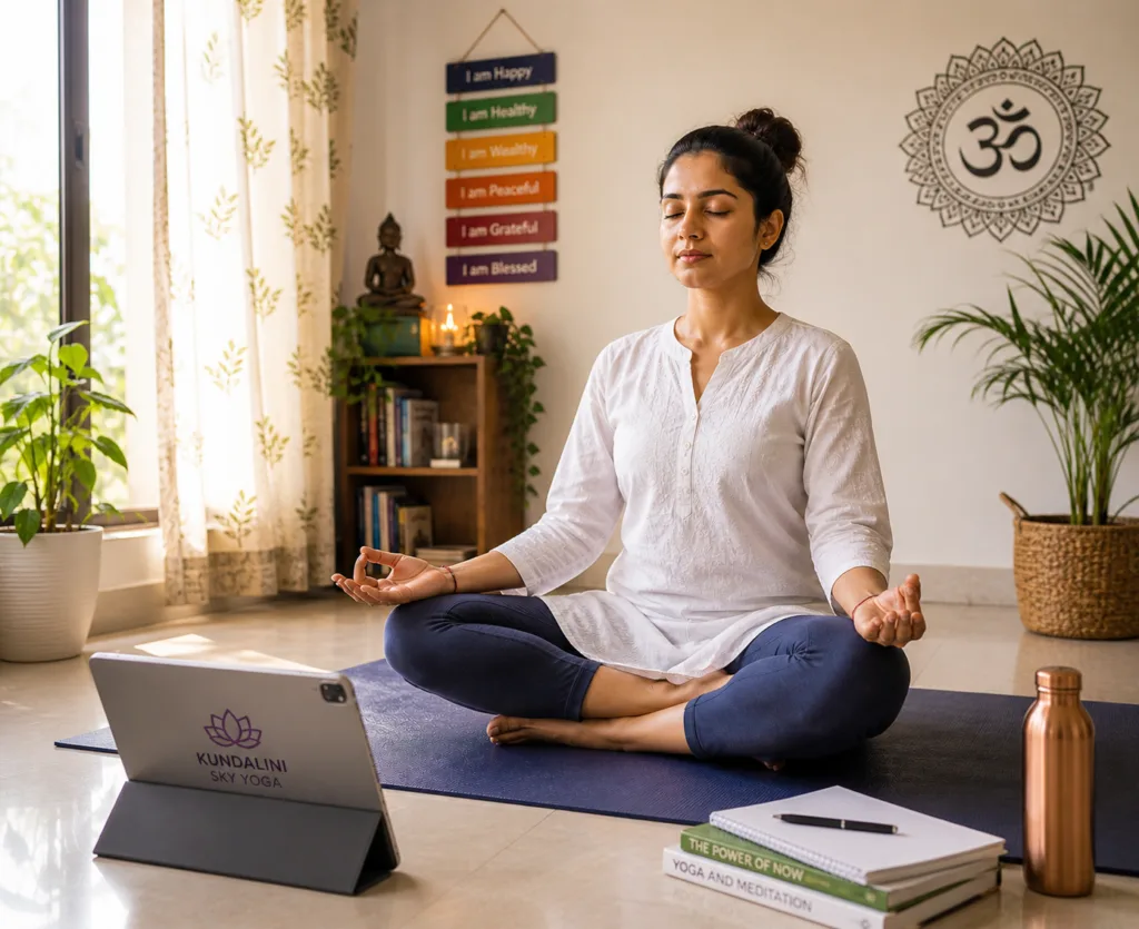 Person practicing online kundalini yoga course from home in India