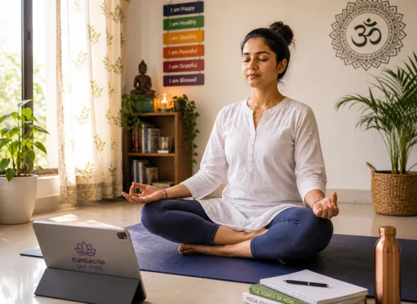 Home 40 Person practicing online kundalini yoga course from home in India